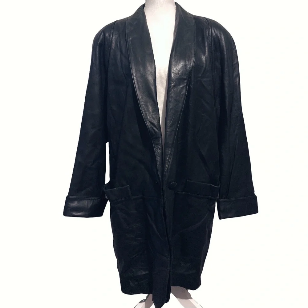 Vintage Tibor Black Oversized 90s Longline Leather  |model off duty‎